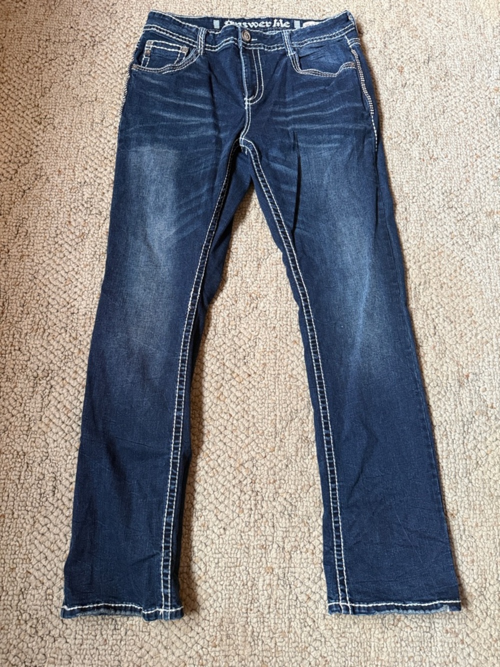 Answer Me Men's Slim Straight Dark Blue Jeans with Contrast Stitching 36/34